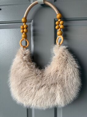 Beige Faux Fur Crescent Shoulder Bag with Wooden Bead Handle